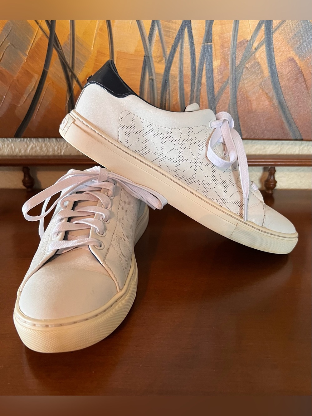 kate spade White Leather Sneakers with Patent Navy Heel